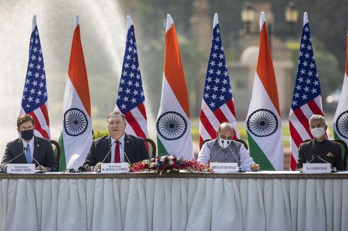 Mark Esper, Mike Pompeo, Rajnath Singh og Subrahmanyam Jaishankar ræddu við blaðamenn í dag.