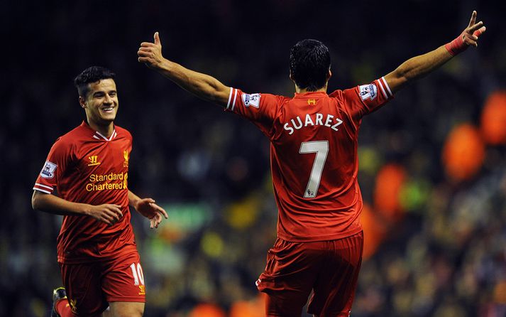 Luis Suárez og Philippe Coutinho fagna saman marki hjá Liverpool.