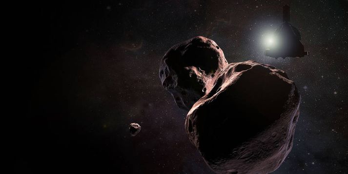 Teikning af nærflugi New Horizons hjá MU69 um áramótin 2018 til 2019.