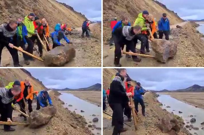 Félagar í FÍ gerðu sér lítið fyrir, hnykluðu vöðva og notuðu vogaraflið til að hrinda grjóthnullungunum af veginum heim.