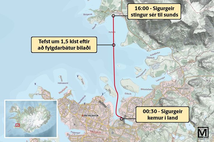 Sigurgeir hafði aldrei lagt í langsund áður en hann ákvað að slá til og synda til styrktar Einstökum börnum. Hann lagði í þessa 11,6 kílómetra leið kl. 16 og kom á leiðarenda eftir miðnætti