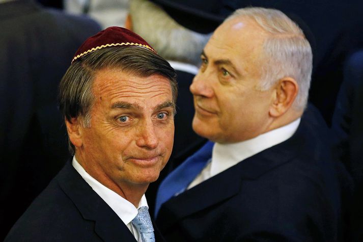 Jair Bolsonaro (til vinstri) ásamt félaga sínum Benjamin Netanyahu en þeir funduðu í vikunni.