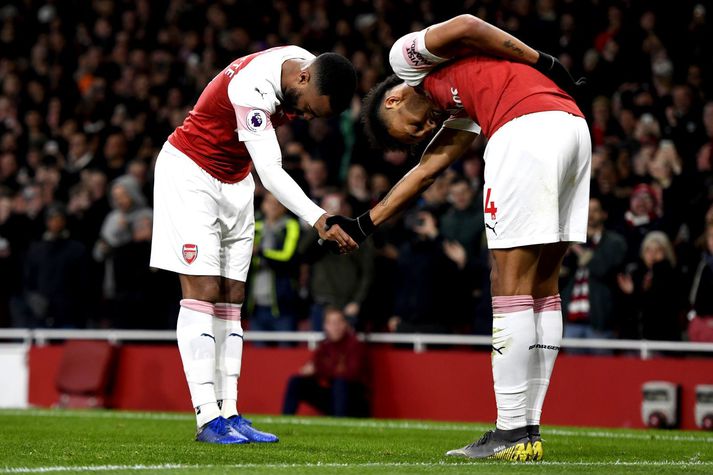 Alexandre Lacazette og Pierre-Emerick Aubameyang fagna hér saman marki hjá Arsenal liðinu.