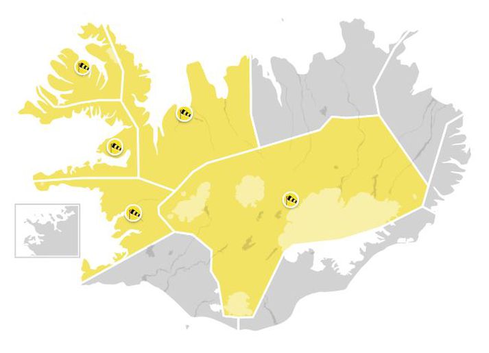 Gul viðvörun morgundagsins gildir um stóran hluta landsins,