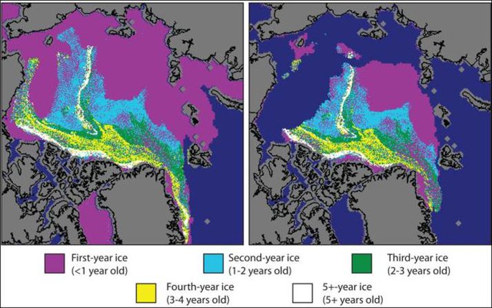 Til vinstri má sjá íshelluna við Norðurpólinn eins og hún var árið 1979. Til hægri er staðan í dag.