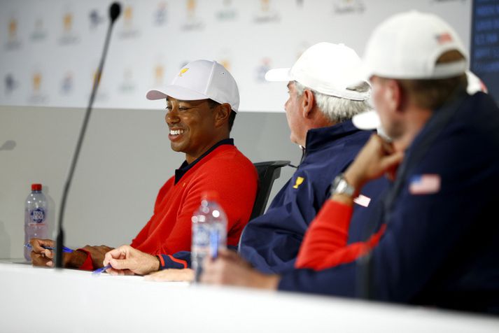 Tiger Woods á blaðamannafundi fyrir Forsetabikarinn.