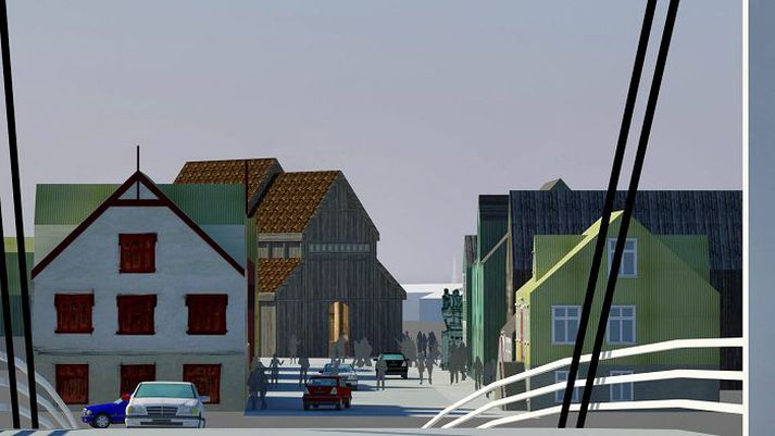 Horft af Ölfusárbrú inn í Selfossbæ. Hugmyndir Sigtúns verða til sýnis um helgina í Tryggvaskála á Selfossi. Þær má líka skoða á midbaerselfoss.is.