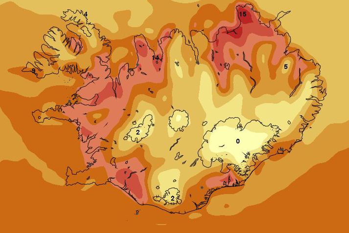 Hitaspá Veðurstofu Íslands fyrir þriðjudag.