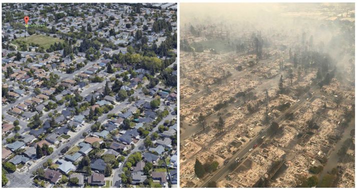 Eyðileggingin hefur verið gífurleg í borginni Santa Rosa. Rúmlega 175 þúsund manns búa í borginni sem er staðsett um 80 kílómetra frá San Fransisco