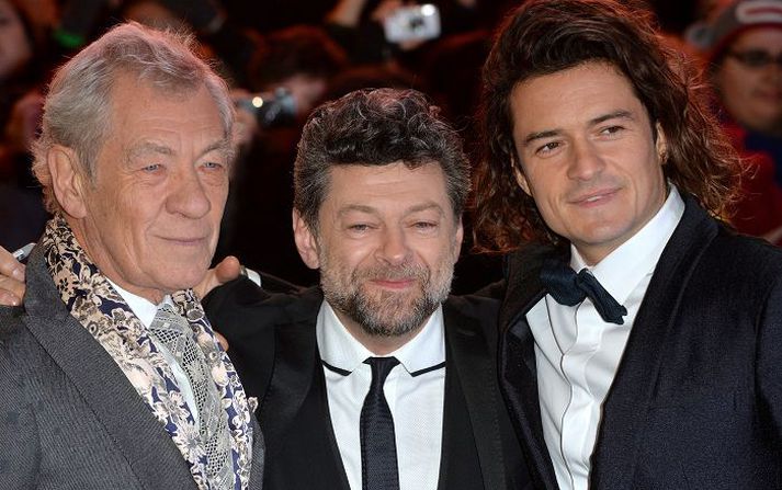 Andy Serkis (í miðjunni) á frumsýningu nýjustu Hobbita-myndarinnar ásamt Ian McKellen og Orlando Bloom.