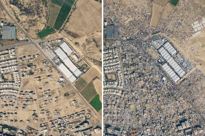 Loftmyndin til vinstri af Rafah borg var tekin þann 13. október síðastliðinn. Myndin til hægri, af sama svæði var tekin 14. janúar. 1,5 milljón manns hafast nú við í borginni.