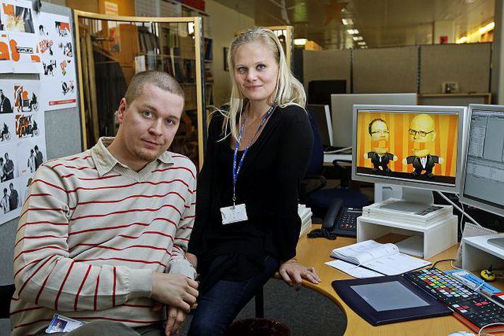 Ólöf Erla og Sigurður hanna heiminn utan um Spaugstofuna.
Fréttablaðið/vilhelm