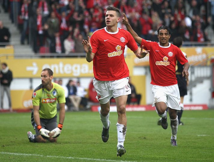 Leikmenn Mainz fagna í dag.