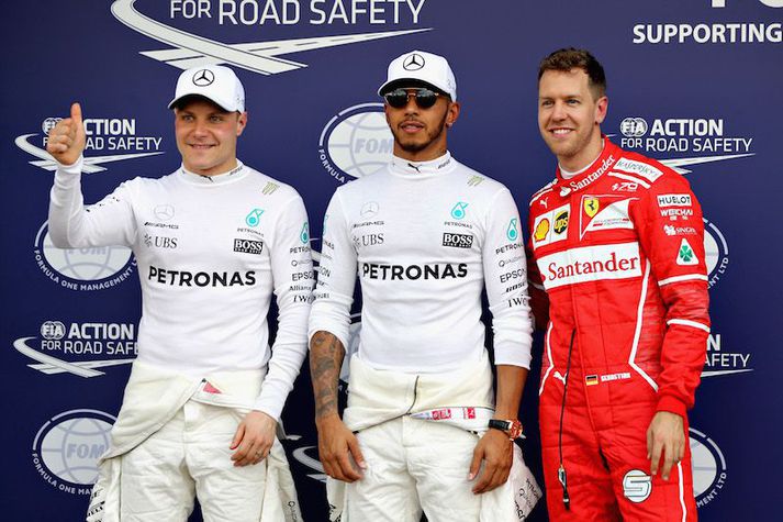Þrír hröðustu menn dagsins: Valtteri Bottas (3.), Lewis Hamilton (1.) og Sebastian Vettel (2.)