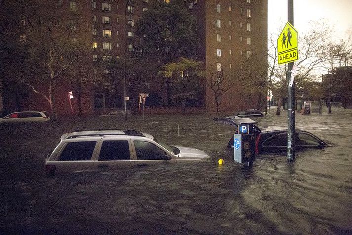Bílstjórar í New York þurftu að hafa nokkuð fyrir því að aka gegnum flóðvatnið. nordicphotos/AFP