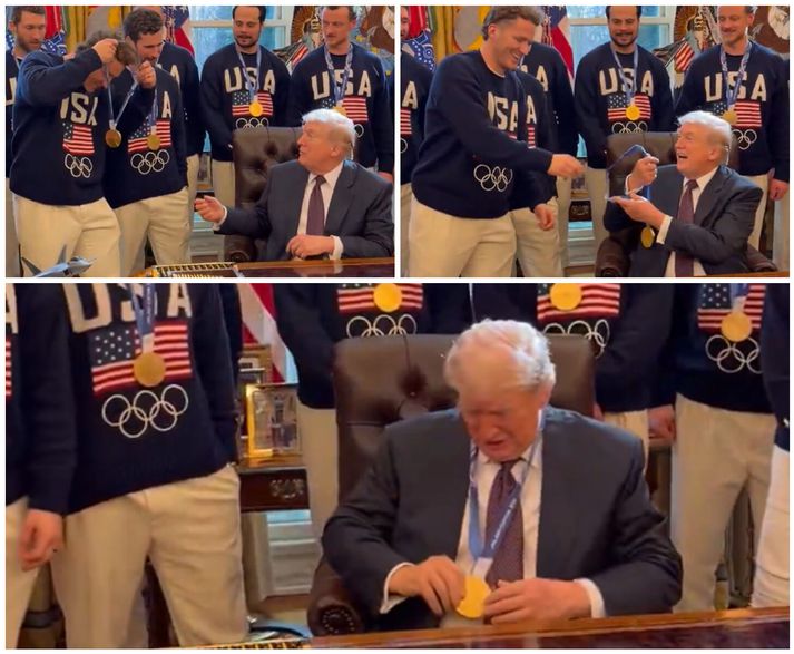 Donald Trump setti Ólympíugullið hans Matthew Tkachuk um hálsinn á sér.