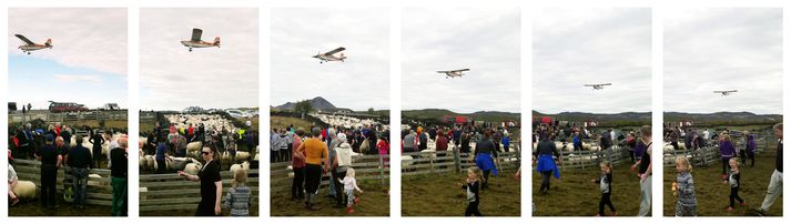 TF-KOZ var ítrekað flogið yfir Hlíðarrétt í Mývatnssveit síðastliðinn sunnudag. Eigandi flugvélarinnar varar við því að miðað sé við myndir til að meta flughæð.