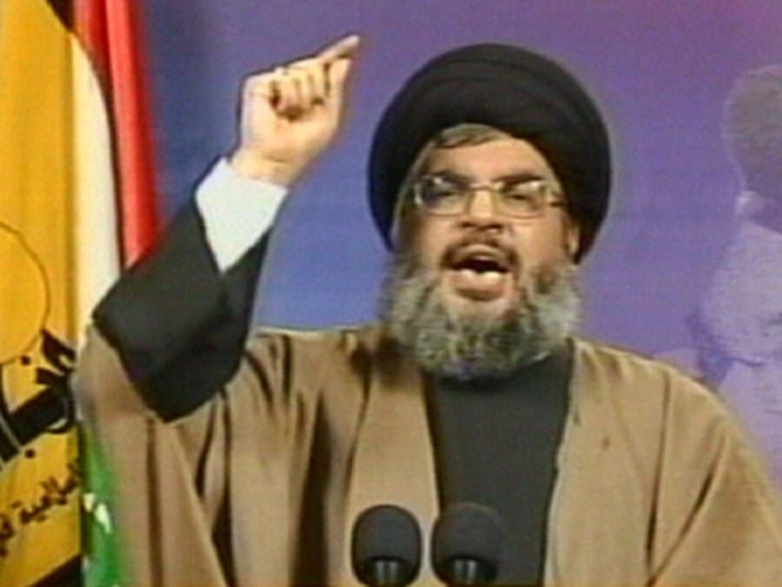 Mynd af Sayyed Hassan Nasrallah tekin úr sjónvarpsávarpi.