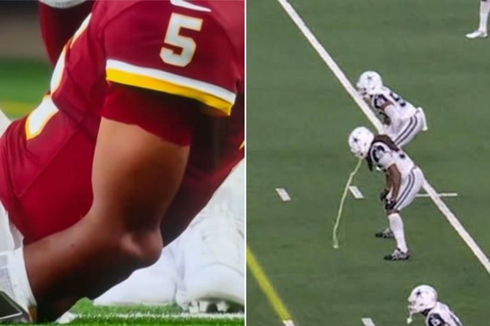 Olnbogi Jayden Daniels fór illa og varnarmaður Dallas Cowboys var í vandræðum með magann í leik helgarinnar.