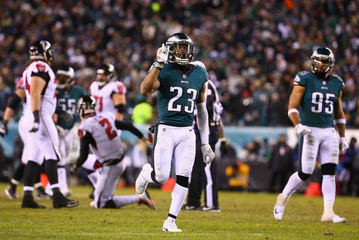 Rodney McLeod fagnar eftir að hafa fellt Matt Ryan, leikstjórnanda Atlanta Falcons.