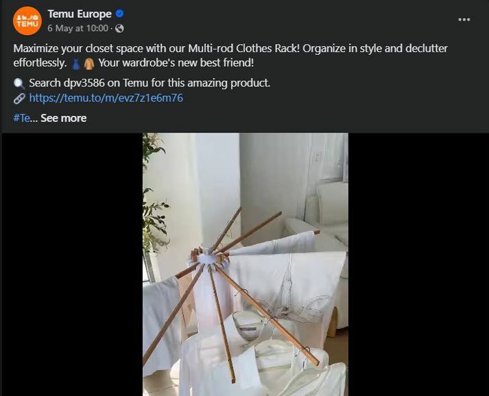 Dæmi um færslu frá Temu Europe þar sem upphengigræja er auglýst til sölu.