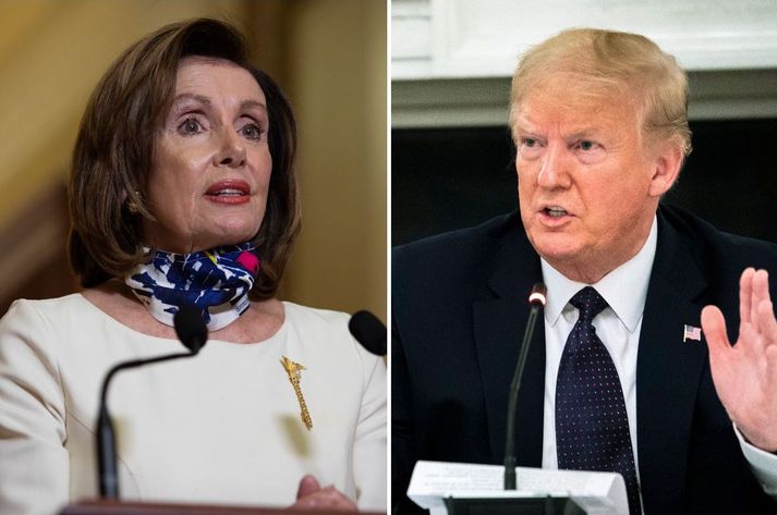 Nancy Pelosi, forseti fulltrúadeildar Bandaríkjaþings, og Donald Trump, Bandaríkjaforseti, eru miklir andstæðingar í stjórnmálum.