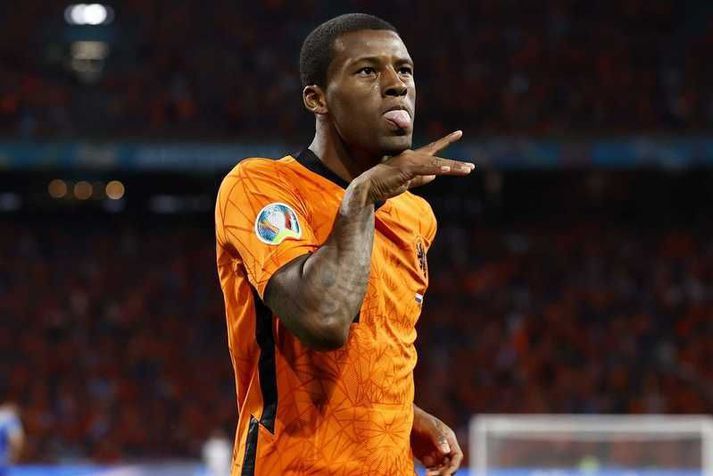Georginio Wijnaldum fagnar marki með hollenska landsliðinu.