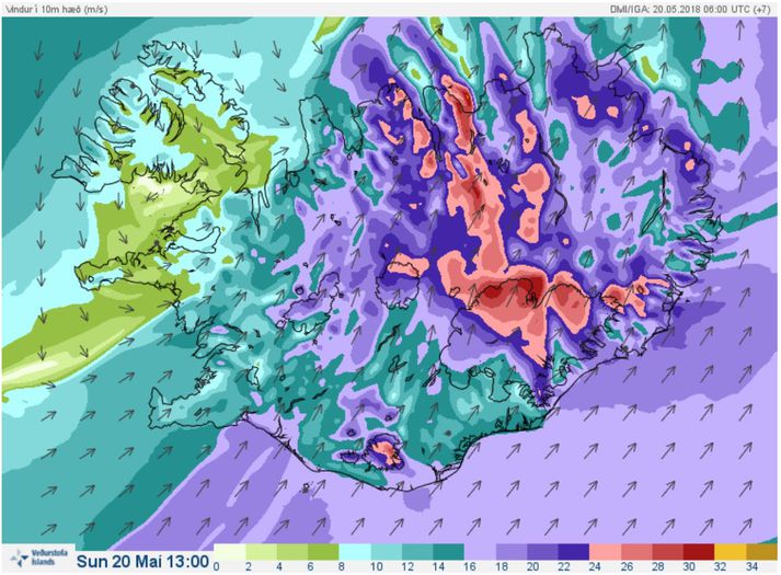 Vindaspá Veðurstofu Íslands á hádegi í dag.