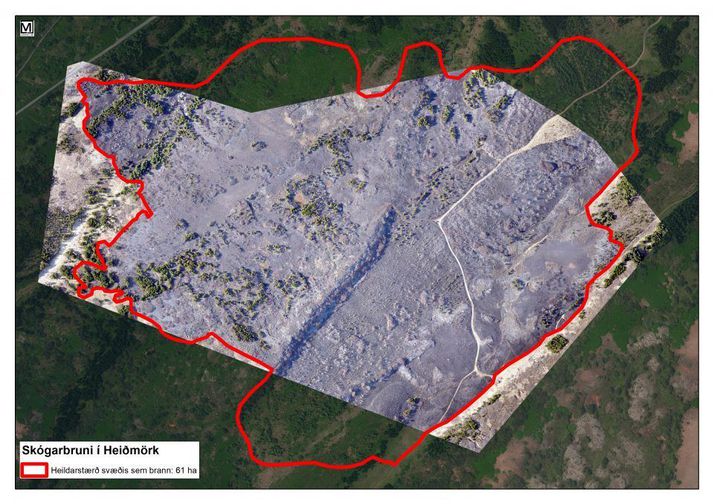 Umfang gróðureldsins í Heiðmörk þriðjudaginn 4. maí 2021.