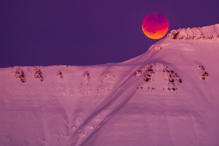 Rauður máni á himni yfir Svalbarða. Verulega hefur hlýnað þar eins og annars staðar á norðurskautinu en það er sá hluti jarðar sem hlýnar hraðast vegna gegndarlausrar losunar manna á gróðurhúsalofttegundum.