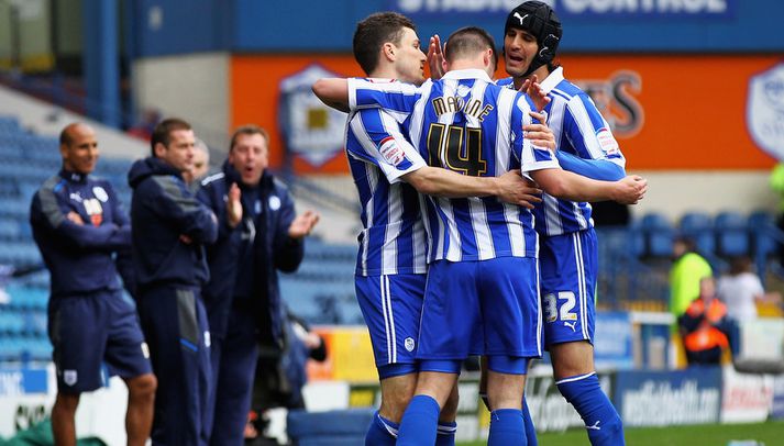 Leikmenn Sheffield Wednesday fagna hér öðru marka sinna í leiknum.