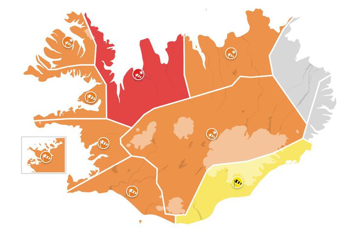 Svona líta viðvaranirnar út um kvöldmatarleytið.