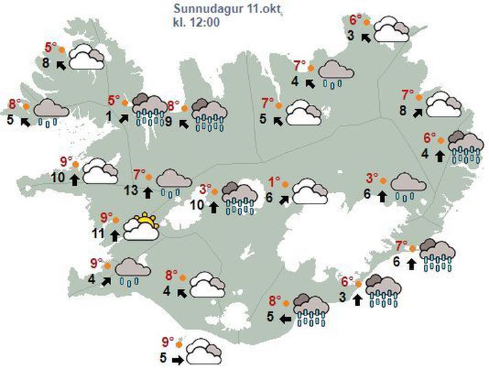 Veðurhorfur á landinu um hádegisbil í dag.