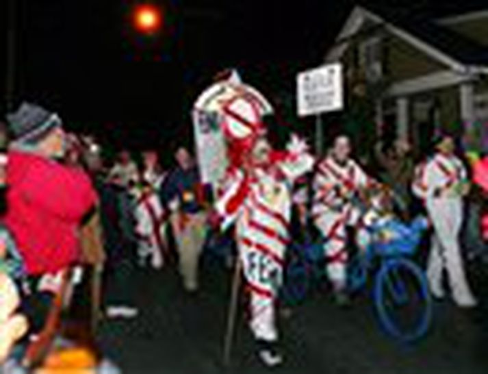 Farsaskrúðgangan Krewe de Vieux Parade henti gaman að stjórnvöldum í mardi gras skrúðgöngu í New Orleans á laugardag.