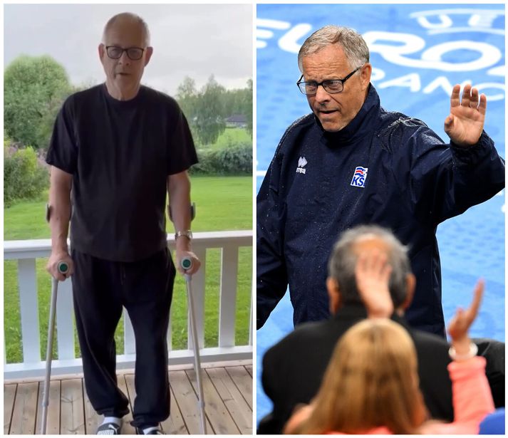Lars Lagerbäck á hækjum út í garði og svo þegar hann stýrði íslenska landsliðinu í síðasta skiptið á EM 2016.