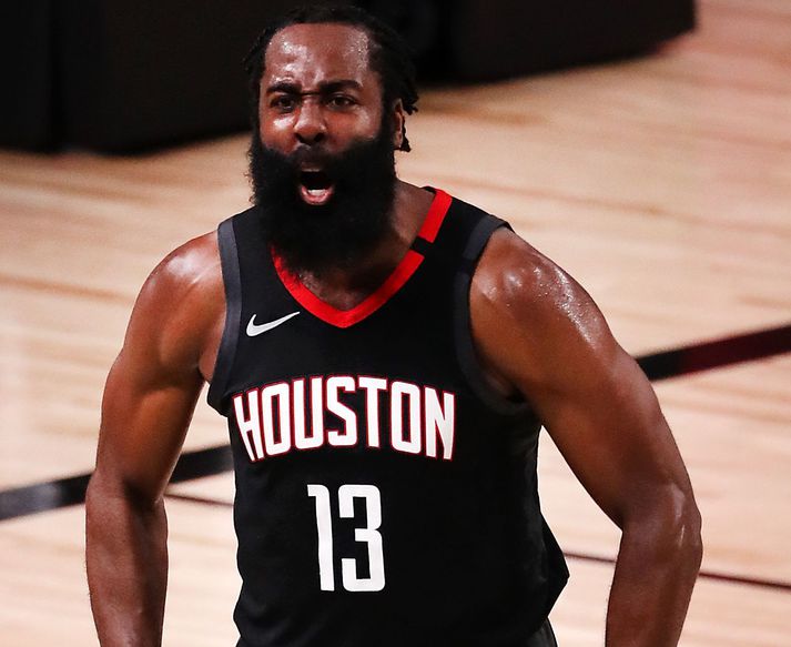 James Harden fagnar eftir nauman sigur Houston Rockets á Oklahoma City Thunder í oddaleik.