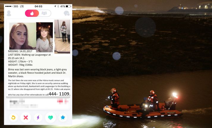 Leitað var að Birnu við Hafnarfjarðarhöfn í alla nótt en margir sem nota samfélagsmiðilinn Tinder hafa skipt út myndinni af sér fyrir tilkynningu um hvarf Birnu.