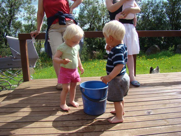 Tvíburarnir Katla og Gauti sáu kalda vatnsfötuna í hillingum.