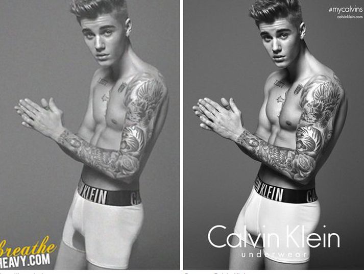 Mikill munur er á vöðvunum á Bieber, á þessum tveimur myndum.