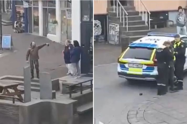 Í myndbandinu má sjá manninn hreyta misfallegum orðsendingum í gangandi vegfarendur en lögreglunni barst tilkynning um að hann væri ógnandi og sendi því fulltrúa á vettvang.
