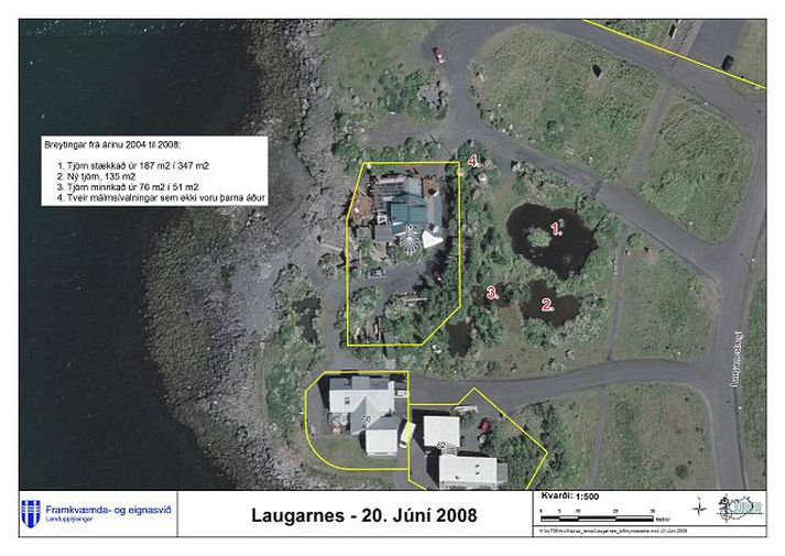 laugarnestangi Loftmyndin sýnir það rask sem borgaryfirvöld telja að Hrafn hafi gert á landi utan lóðarmarkanna. Hann hafi stækkað tjarnir og komið upp mannvirkjum.
