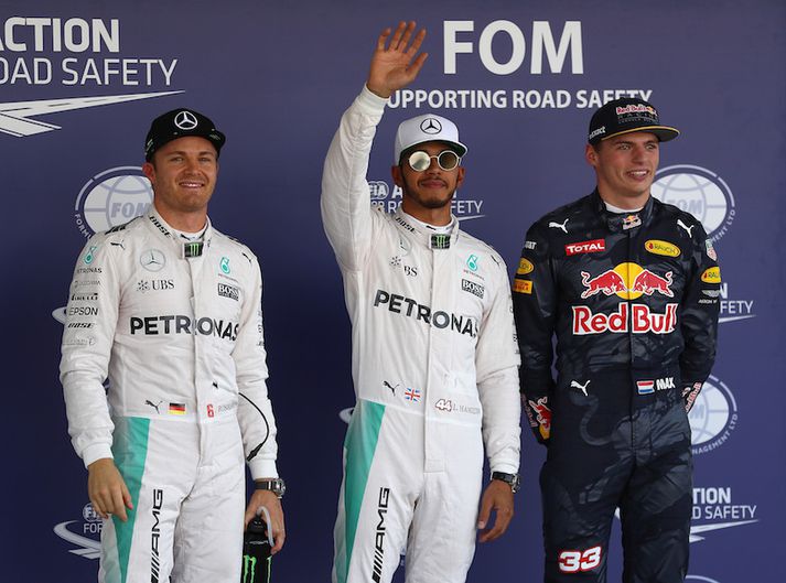 (t.v.) Nico Rosberg sem varð annar, Lewis Hamilton sem var fljótastur og Max Verstappen sem varð þriðji.