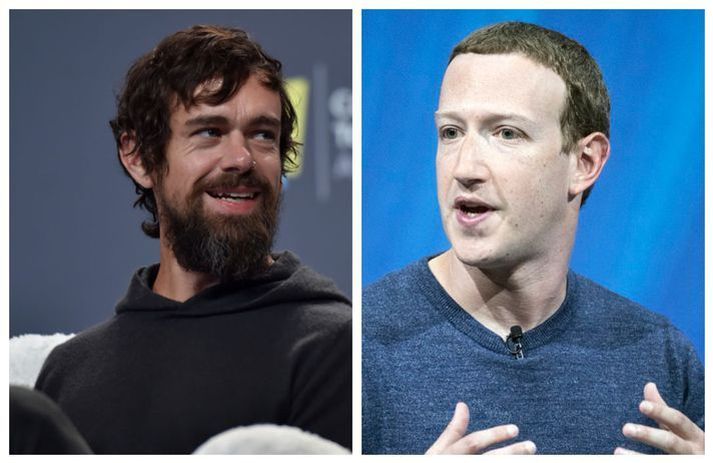 Jack Dorsey, forstjóri Twitter, (t.v.) og Mark Zuckerberg, forstjóri Facebook, (t.h) eru ekki á einu máli um hvort að þeir beri einhverja ábyrgð á því að ósannindum og áróðri sé dreift á miðlum þeirra.