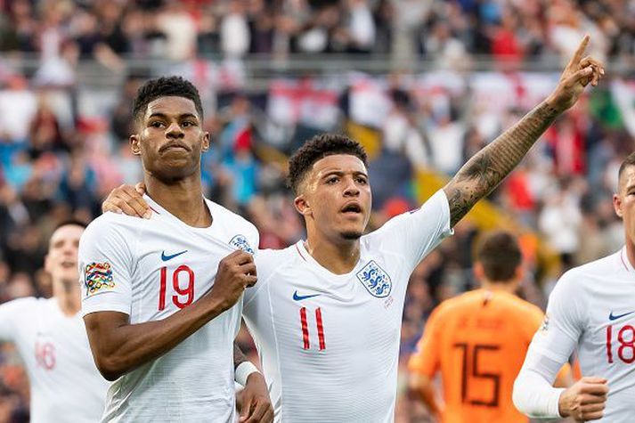 Rashford og Sancho fagna marki í Þjóðadeildinni síðasta sumar.