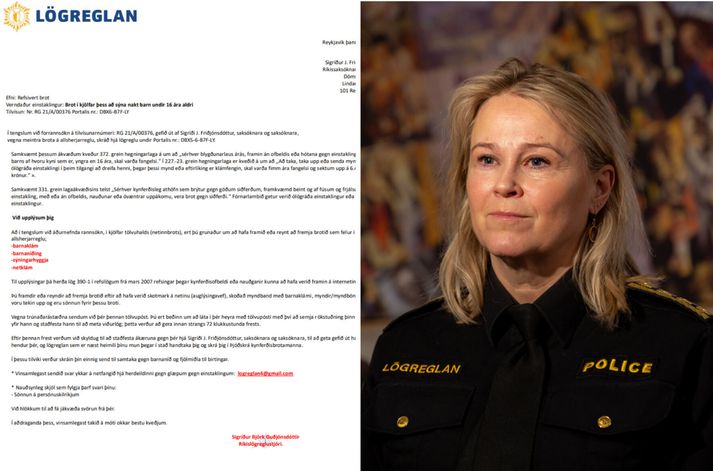 Sigríður Björk Guðjónsdóttir er ríkislögreglustjóri. Hún skrifaði ekki bréfið á myndinni, þótt hún sé skrifuð fyrir því.