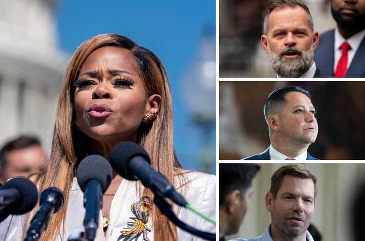 Sheila Cherfilus-McCormick sagði af sér þingmennsku í dag. Hún er þriðji þingmaðurinn sem gerir það á rúmri viku og einn til viðbótar stendur frammi fyrir áköllum um að segja af sér eða vera vikið af þingi. Hægra megin á myndinni eru þeir Cory Mills, Tony Gonzales og Eric Swalwell.