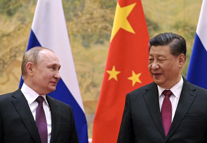 Vladimír Pútín og Xi Jinping, forseta Rússlands og Kína, þann 4. febrúar í fyrra, nokkrum vikum fyrir innrás Rússa í Úkraínu.