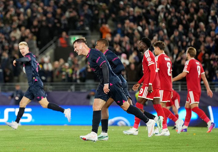 Herman Haugen fagnar jöfnunarmarkinu gegn Bayern í kvöld.