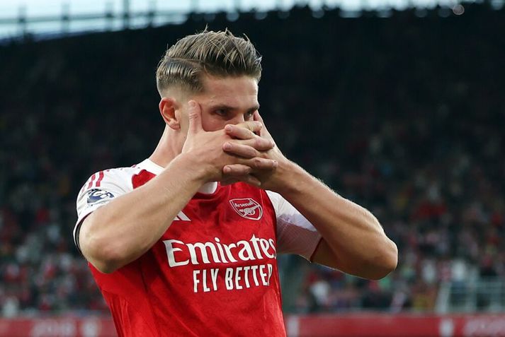 Viktor Gyökeres skoraði fyrstu mörk sín fyrir Arsenal í gær