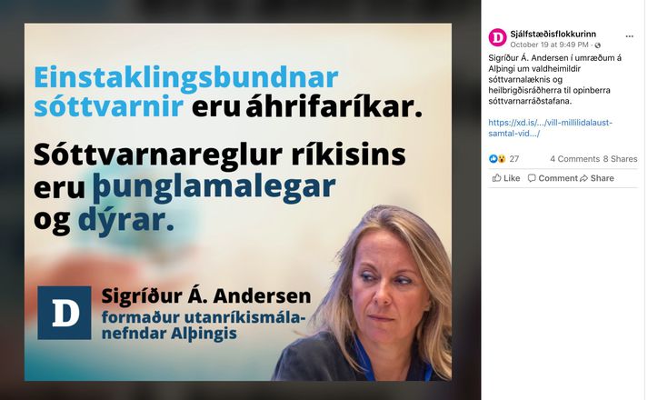 Auglýsing Sjálfstæðisflokksins þar sem vitnað er í ræðu Sigríðar A. Andersen hefur vakið nokkra athygli.